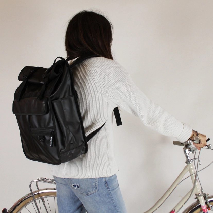 Rolltop Backpack Bike Pannier Bag 2 in 1 Black Monochrome
