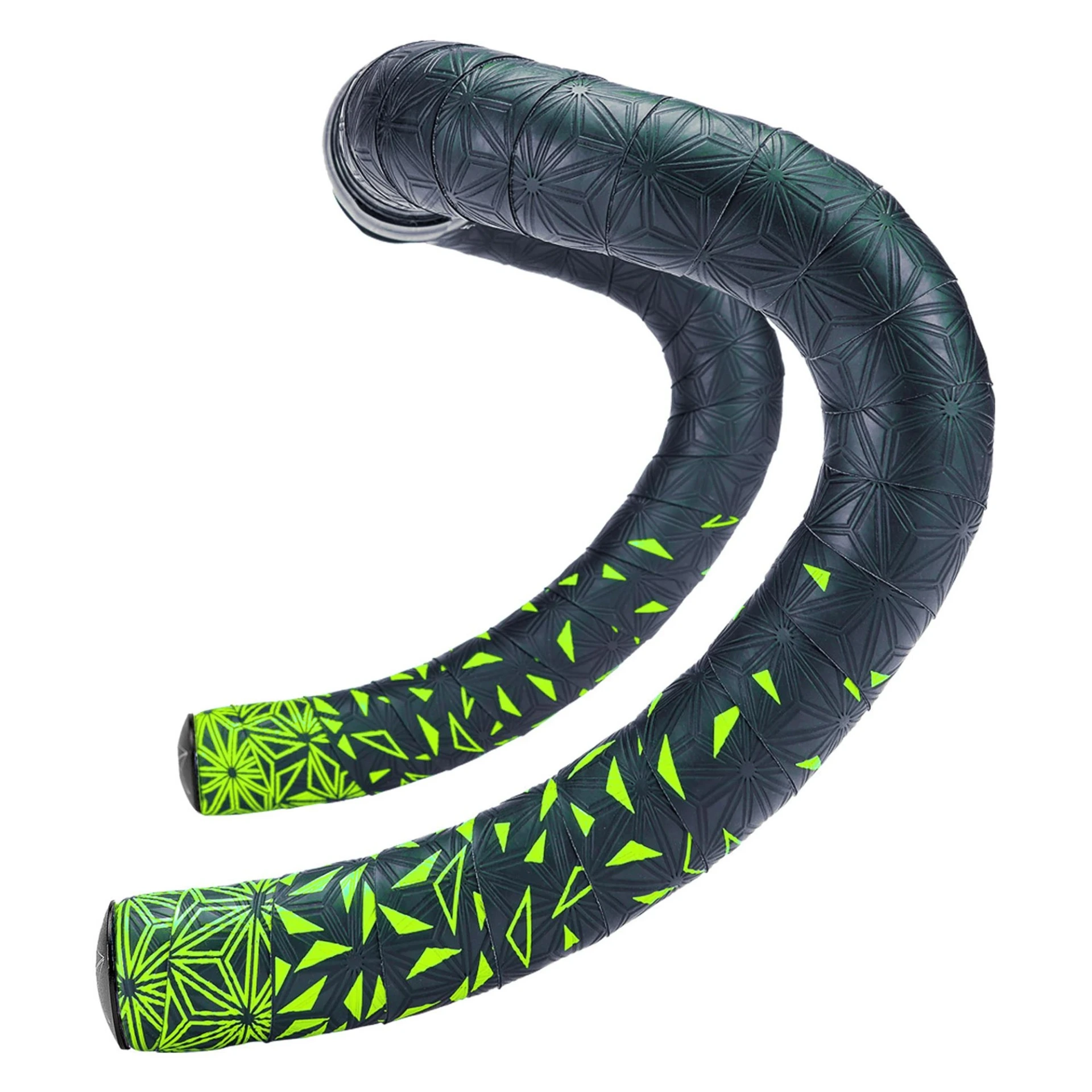 Supacaz Sticky Kush Star Fade Bar Tape: NEON YELLOW + ANO BLACK PLUGS