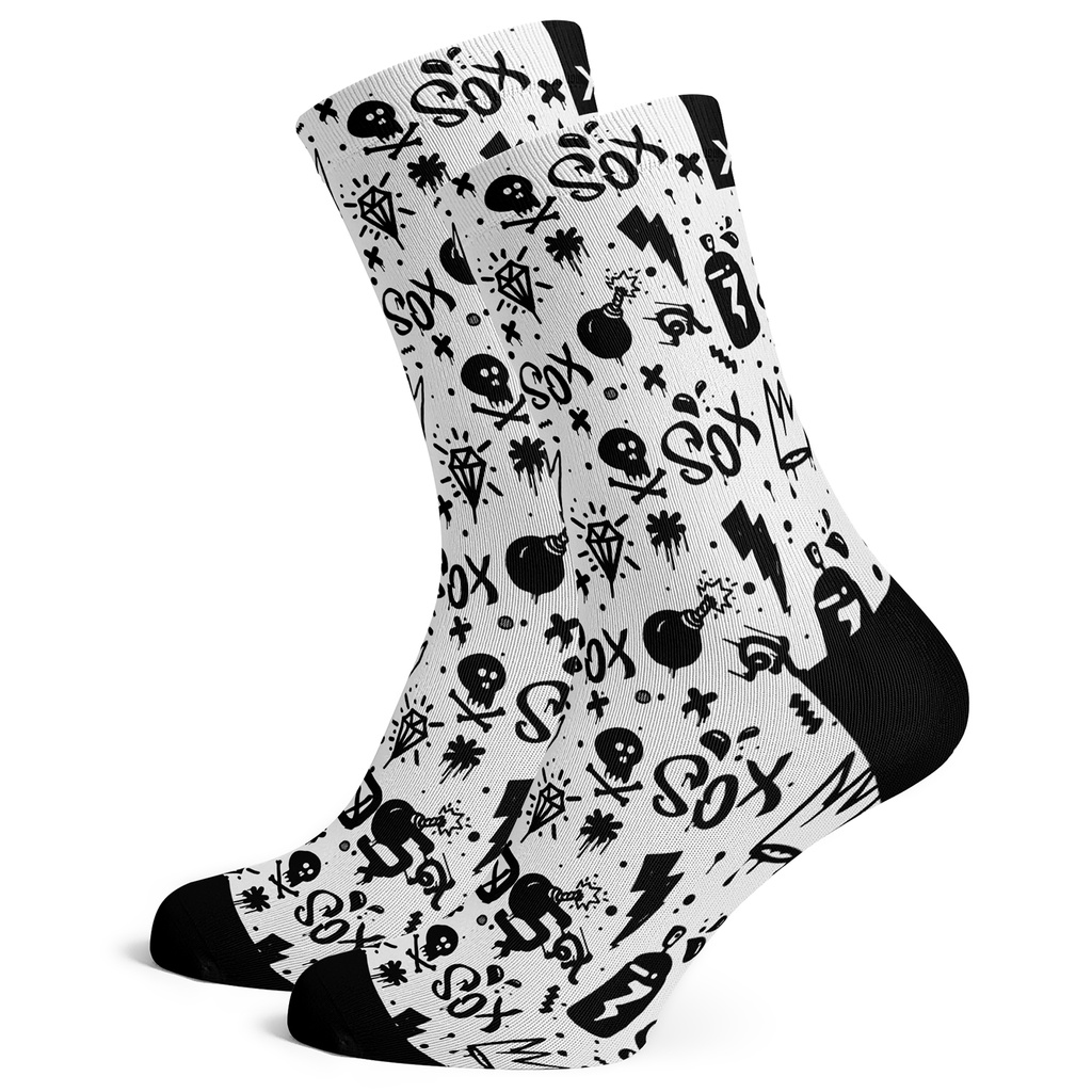 Sox Footwear Doodle White Mono-Chrome Premium Crew Socks - Medium UK 4-8