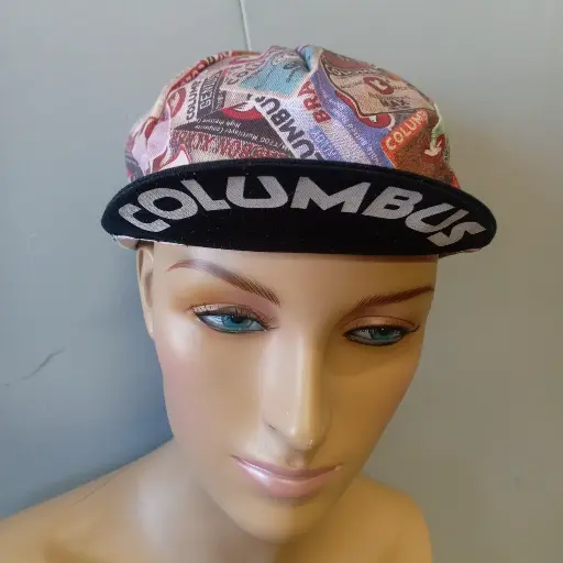 Vintage 90s Columbus Bicycle Company biker cap with multi-coloured design